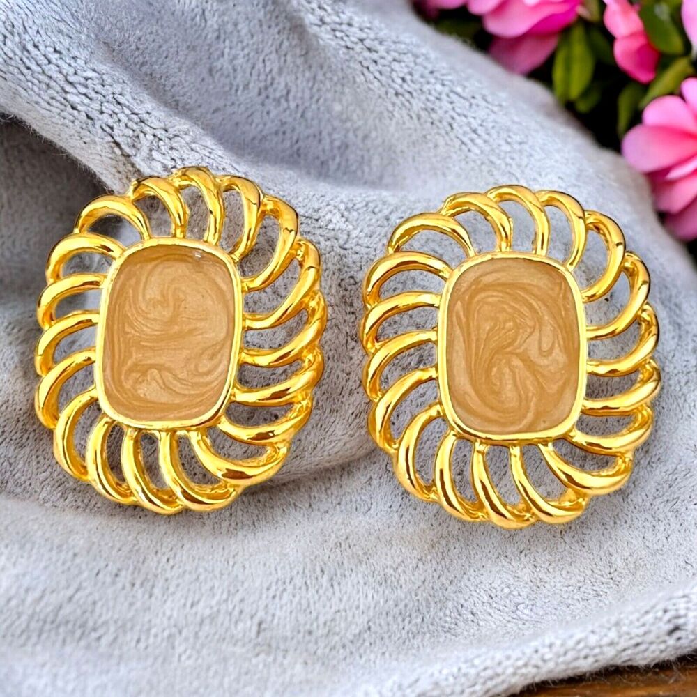 Vintage 1980s Gold Tone Earrings Hand Applied Shimmer Enamel Pierced - 3HD